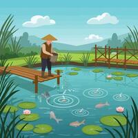 Feeding Fish in Pond with Lily Pads and Wooden Bridge vector