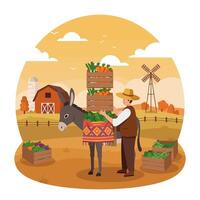 Farmer Loading Vegetables on Donkey in Farm Scene Illustration vector