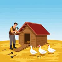 Man Building Coop for Geese in Rural Setting vector