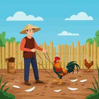 Man Leading Rooster in Yard with Another Chicken vector