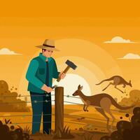 Person Fixing Fence While Kangaroos Are Jumping Over It vector