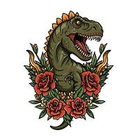Dinosaur with Roses in Cartoon Style on White Background vector