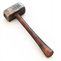 A weathered wooden handled sledgehammer isolated on white photo