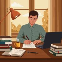 Man Writing at Desk with Laptop and Books in Warm Home vector