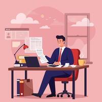 Man Working at Desk with Documents and Laptop Smiling vector