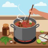 Cooking Beef Stew in Pot with Steam and Aromatics vector