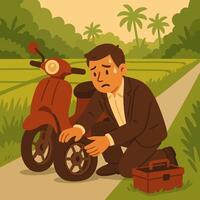 Man Inspecting Flat Tire on Scooter by Rice Field vector
