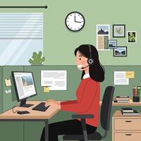 Woman Working at Computer with Headset in Office Setting vector