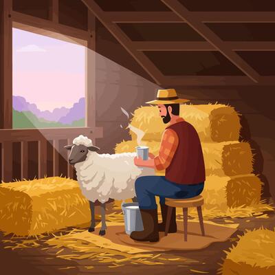 Farmer Milking Sheep in Barn with Hay Bales Illustration