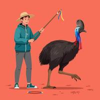 Person Playing with Cassowary Bird on Orange Background vector