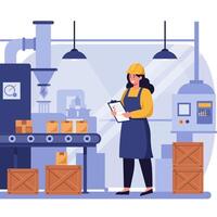 Factory Worker Inspecting Conveyor Belt with Boxes vector