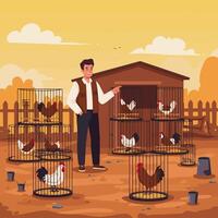 Man Pointing to Chickens in Cages at Farm Animal Market vector