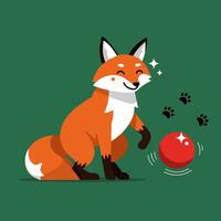 Fox Playing with a Red Ball Illustration on Green Background vector