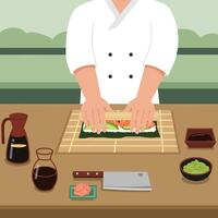 Chef Making Sushi Roll with Nori, Rice, Avocado and Salmon vector