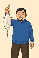 Man Holding Up Fish After Catching It While Fishing vector