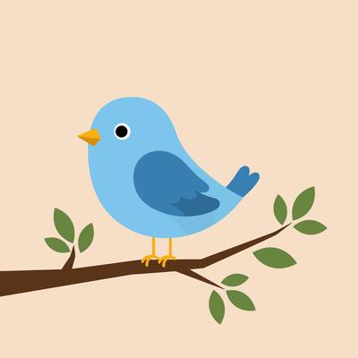Cute Blue Bird Sitting on Tree Branch Illustration