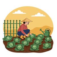 Gardener Tending Cabbages in Her Field with Hat vector