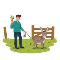 Man Walking a Donkey with a Carrot Reward vector