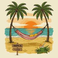 Relaxing Hammock on Beach with Palm Trees at Sunset vector