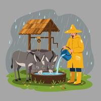 Man Pouring Water for Donkeys in the Rain at Well vector