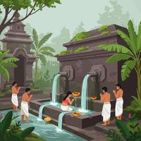 People Praying at Ancient Stone Fountain in Jungle vector