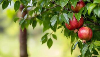 Close-up view of ripe pomegranates hanging from a lush green tree branch surrounded by vibrant leaves and a soft blurred background photo