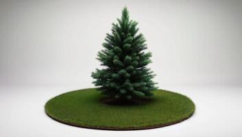 Realistic Green Pine Tree On Circular Grass Surface With Neutral Background Suitable For Various Design Projects photo
