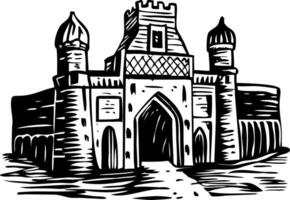 A drawing of a castle with towers and turrets vector