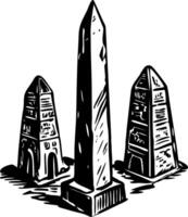 An obelisk and two other monuments in black and white vector