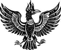 A black and white drawing of a bird with wings vector