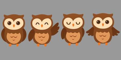 Set of Cute Owl With Various Expression and Pose Cartoon Characters Flat Illustration vector