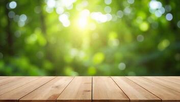 Sunlit Wooden Table with Green Bokeh Background for Natural Themes photo