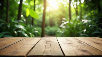 Sunlit Wooden Table Surrounded by Lush Greenery in a Serene Forest Setting photo