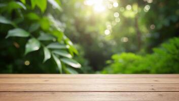 Serene Wooden Table with Lush Green Nature Background photo