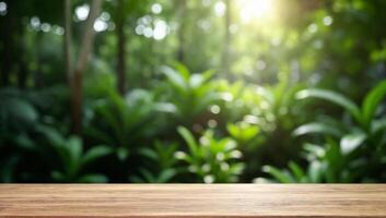 Natural Background with Bokeh Effect and Wooden Table in Foreground photo