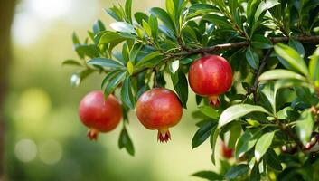 Fresh pomegranates hanging from a lush green tree with vibrant leaves in a blurred natural background creating a serene environment capturing the essence of fruit growth photo