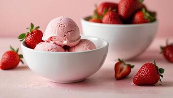 Delicious Pink Strawberry Ice Cream in a Bowl Surrounded by Fresh Strawberries photo