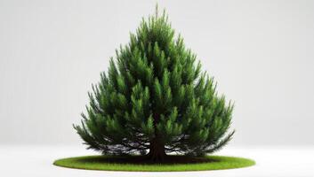 Realistic evergreen tree displayed on a circular patch of grass with a plain background for seamless integration into various designs and projects photo