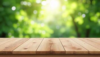 Natural Light Over Wooden Tabletop Surrounded by Greenery photo