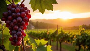 Closeup of ripe red grapes with vineyard and sunset background, showcasing lush greenery and distant hills, ideal for agricultural and wine industry themes photo