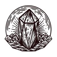 Intricate crystal drawing surrounded by mountains in a circular design vector