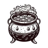 Bubbling cauldron with potion brewing and steam rising in black and white vector