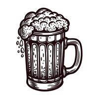 Foaming mug of beer with droplets in vintage line drawing vector