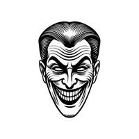 Grinning man's face with bold expression and sharp features on white background vector
