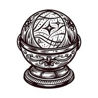 Intricate ornate crystal ball design with celestial patterns in black and white vector