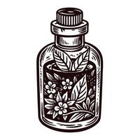 Herbal elixir bottle adorned with leaves and flowers in vintage drawing vector