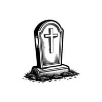 Vintage gravestone with cross symbol on grass in monochrome design vector