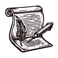 Vintage scroll with feather quill and ink pen on parchment background in classic vector