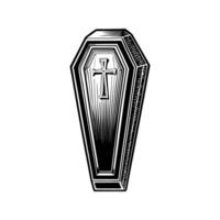 Illustrated coffin with cross design featuring intricate detailing and shading vector