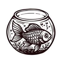 Goldfish swimming in round bowl with aquatic plants and bubbles vector